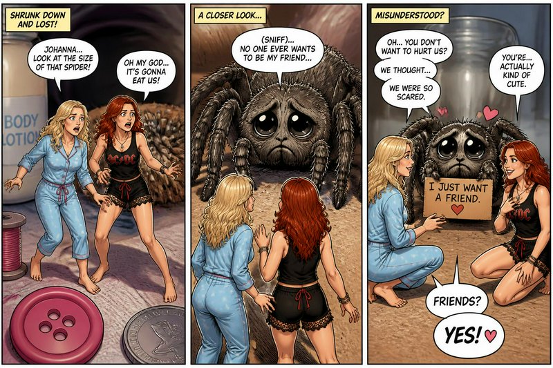 3-panel wholesome comic of tiny shrunken pajama-clad women befriending a lonely, big-eyed giant h...