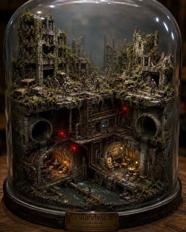 Intricate glass dome diorama showing post-apocalyptic overgrown city ruins above a multi-level un...