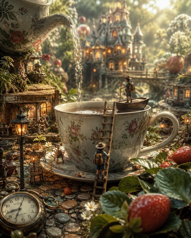 Surreal miniature fantasy scene: tiny explorers, giant floral teacup, pouring teapot, and fairy t...
