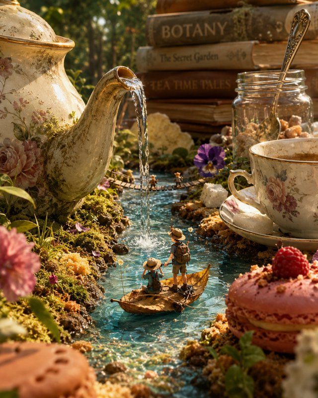 Whimsical miniature diorama of tiny explorer figures boating on a tea river flowing from a vintag...