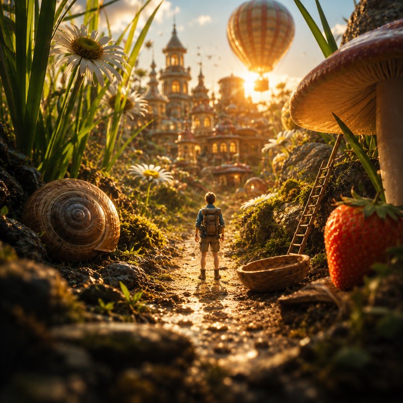 Tiny backpacker stands on a dirt path overlooking a miniature fairytale city surrounded by giant ...
