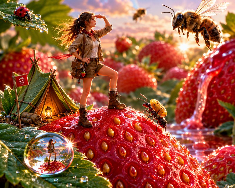 Miniature female explorer stands on a giant glistening strawberry in a surreal whimsical macro st...