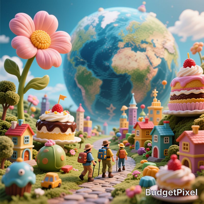 Whimsical clay diorama of hiker explorers walking through a candy fantasy village beneath a giant...