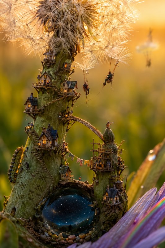 Miniature fairy village built on a dandelion stem, with tiny lit cottages, gliding figures, and w...