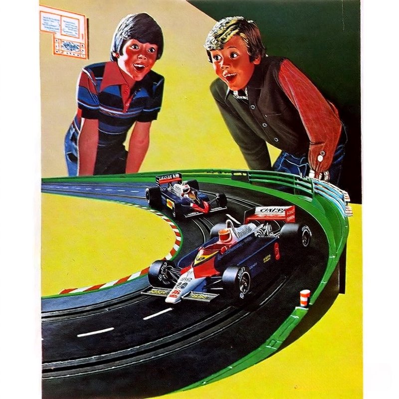 Retro 1970s illustration of two excited boys watching Formula 1 slot cars race on a curved plasti...