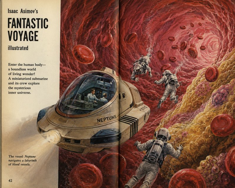 Vintage sci-fi book illustration from Isaac Asimov's Fantastic Voyage, showing mini submarine Nep...