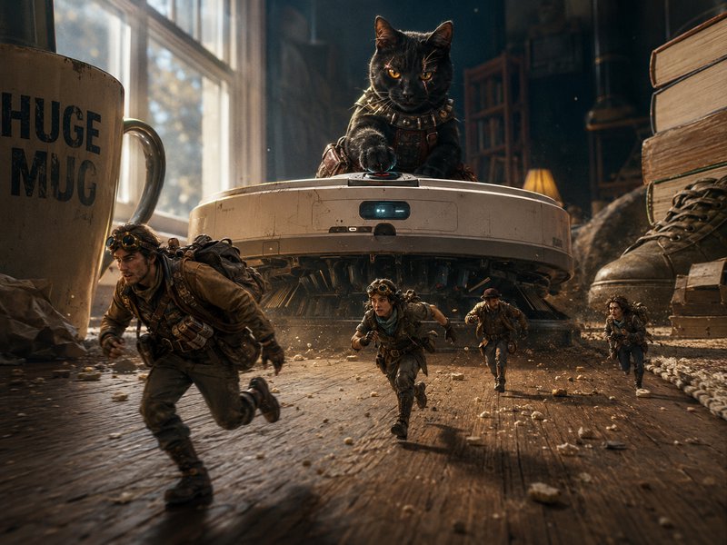 Tiny steampunk adventurers flee a giant robotic vacuum piloted by a fierce armored black cat acro...