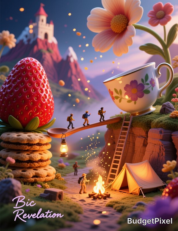 Whimsical 3D diorama of tiny hikers crossing a spoon bridge between giant treats, a teacup, and a...