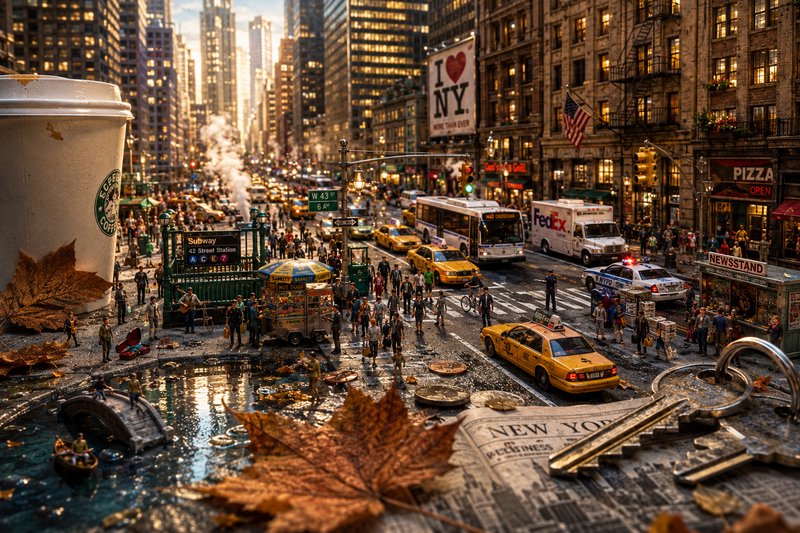 Surreal miniature New York City street diorama with oversized coffee cup, fall maple leaves, and ...