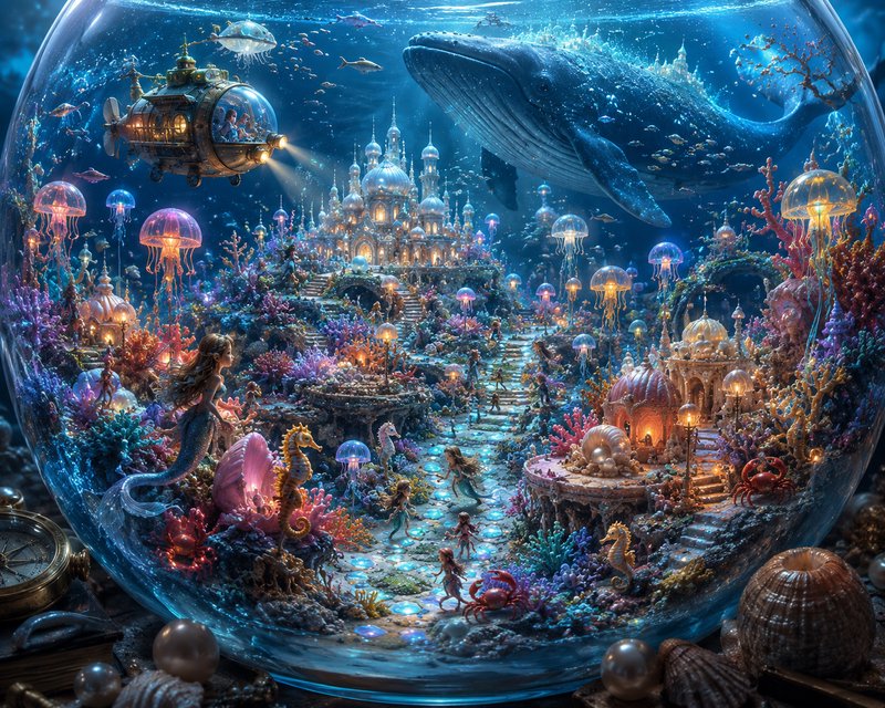 Glass snow globe diorama holding a glowing fantasy underwater kingdom with mermaids, a whale, ste...