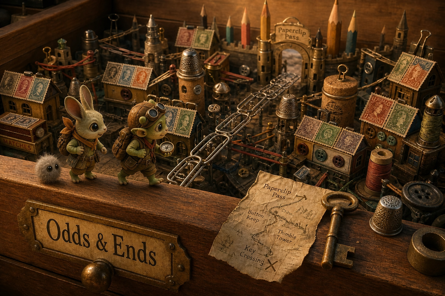 Cute explorer goblin, rabbit and tiny pet overlook a tiny steampunk trinket city built inside an odds and ends wooden drawer.