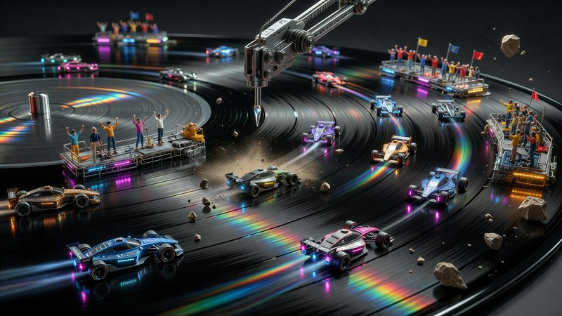Surreal miniature diorama of race cars competing on a spinning vinyl turntable track with tiny ch...