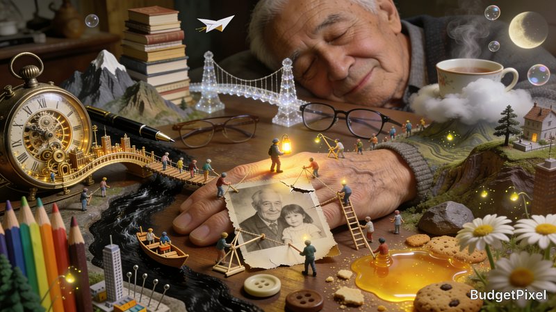 Surreal diorama of a peacefully sleeping elderly man, tiny miniature figures curating nostalgic m...