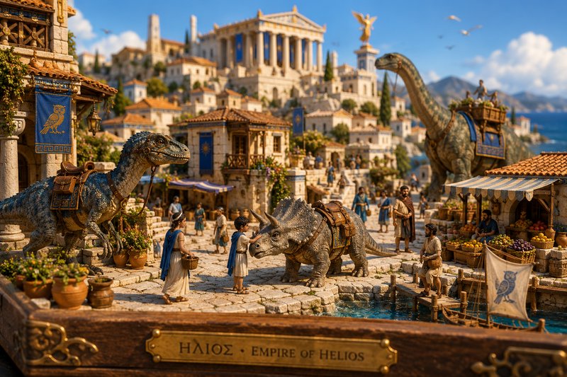 Fantasy miniature diorama of the Empire of Helios, an ancient Greek port city with domesticated r...