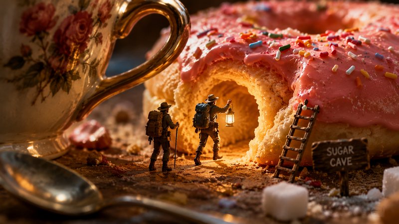 Miniature hiker figures stand at the entrance of a donut "Sugar Cave" in a whimsical tiny world d...