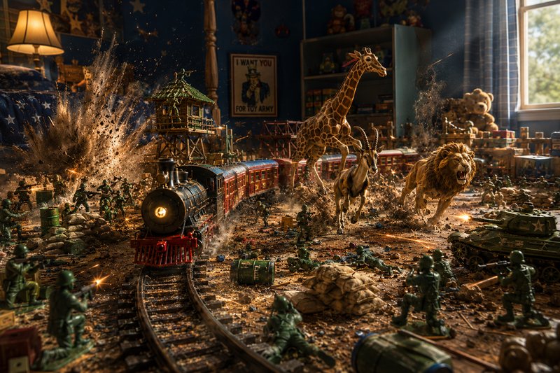 Hyperrealistic toy diorama of a chaotic battle with a model steam train, charging animal toys and...