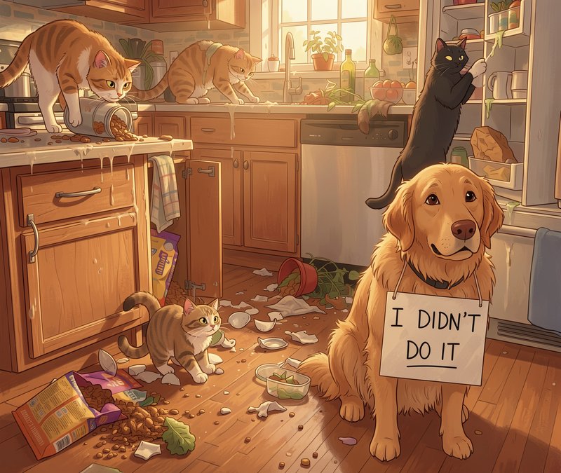 Golden retriever with "I didn't do it" sign sits amid messy kitchen as mischievous cats cause cha...