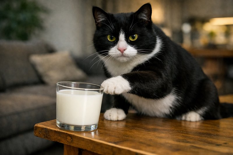 Black and white tuxedo cat taps a glass of milk with its paw while perched on a wooden living roo...