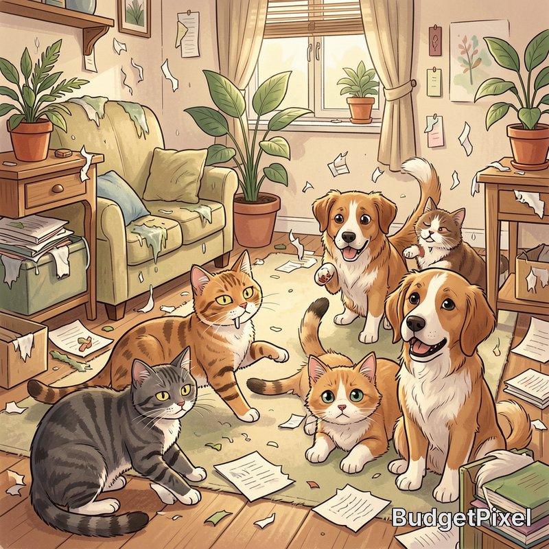 Cartoon illustration of mischievous cats and dogs surrounded by torn paper mess in a chaotic cozy...