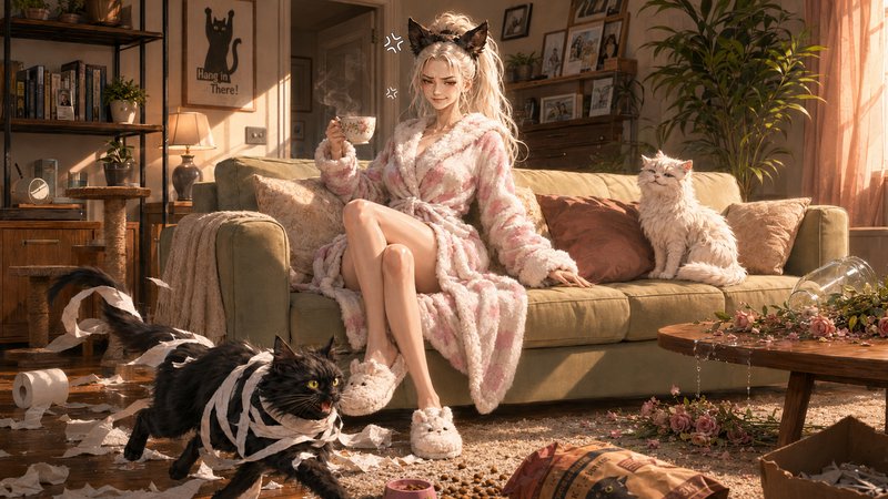 Exasperated cat-eared anime woman sips tea on a couch as her mischievous black cat wreaks living ...