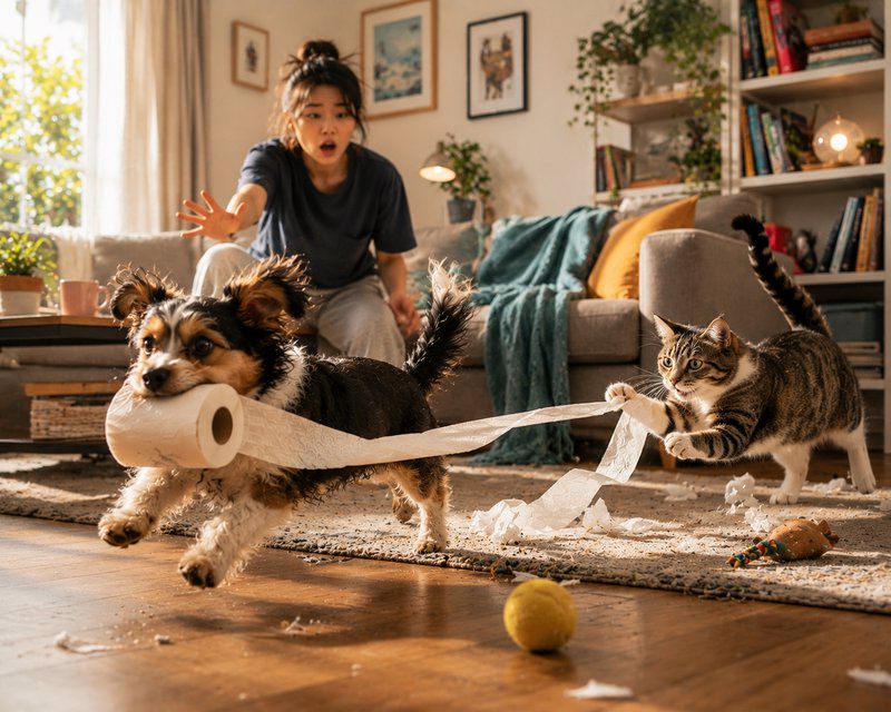 Surprised homeowner reaches to stop dog and cat playing tug-of-war with toilet paper in a messy s...