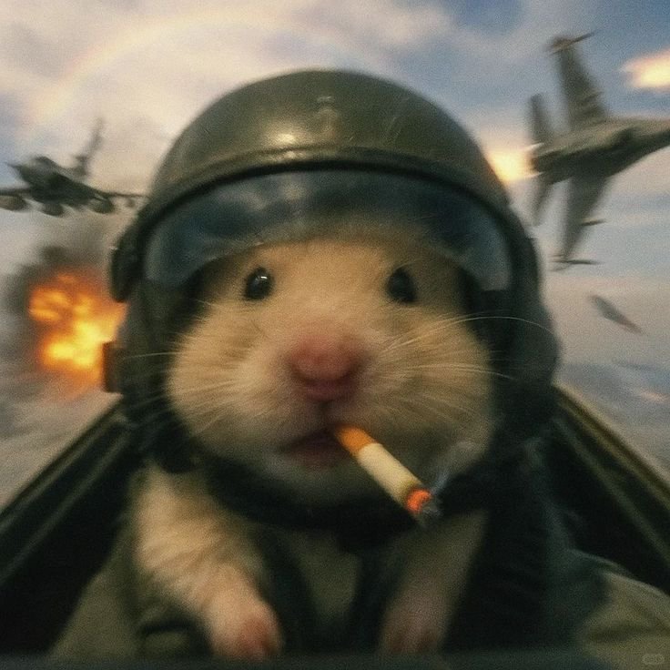 Funny fluffy hamster in pilot helmet smoking a cigarette from a fighter jet cockpit during aerial...