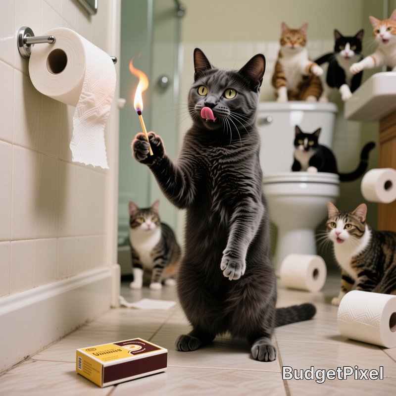 Mischievous gray cat holds a lit match, surrounded by watching cats in a toilet paper strewn bath...