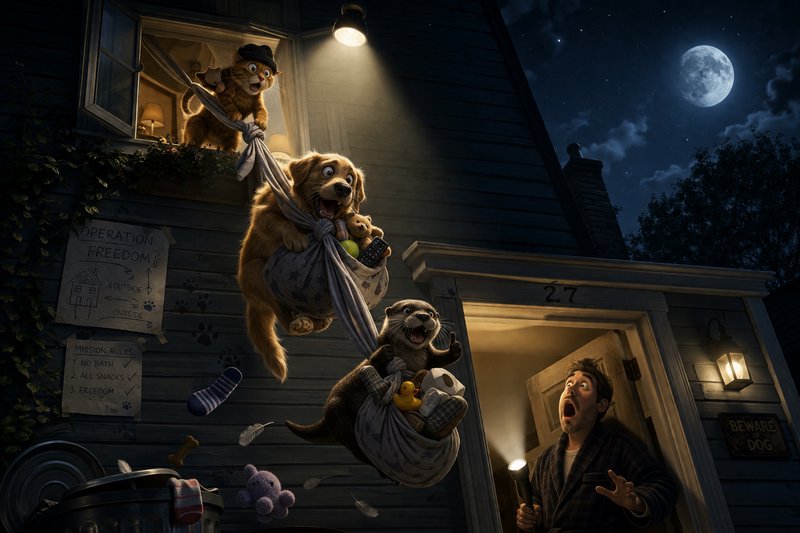 Shocked homeowner watches a cat, dog, and otter escape via bedsheet rope in a silly nighttime pet...