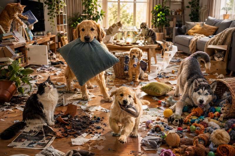 Hilarious chaotic scene of mischievous dogs and cats making a huge mess in a sunlit residential l...