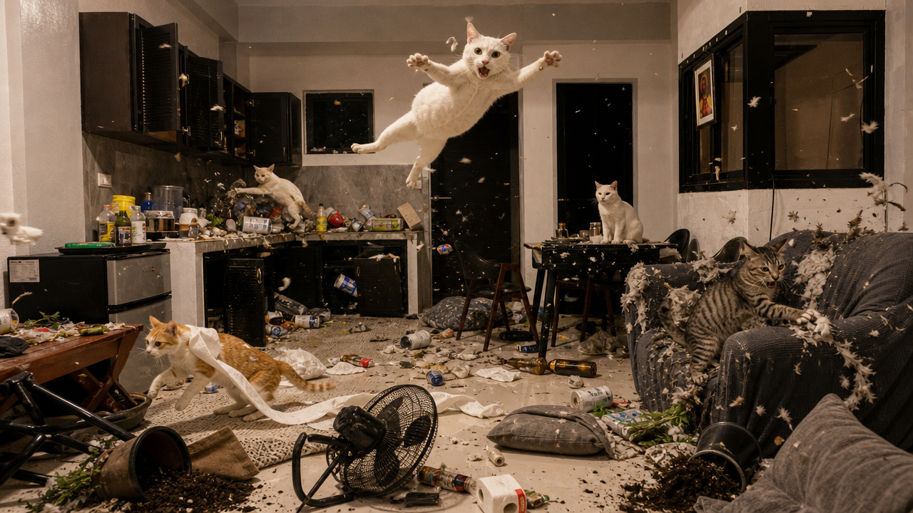 Mid-leap white cat hovers above a ransacked apartment where mischievous cats have scattered debris and destroyed furniture.