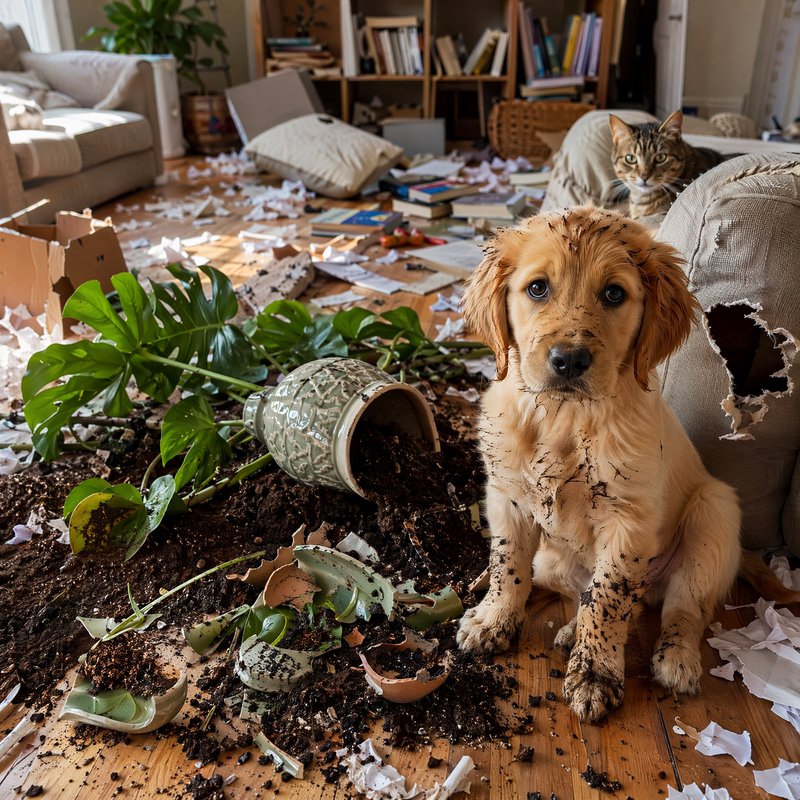 Muddy golden retriever puppy sits beside a torn couch amid a destroyed messy living room, as a ta...