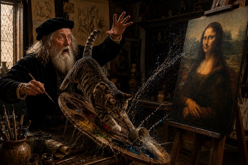Startled Renaissance artist reacts as a tabby cat knocks over his paint palette, splashing the Mo...