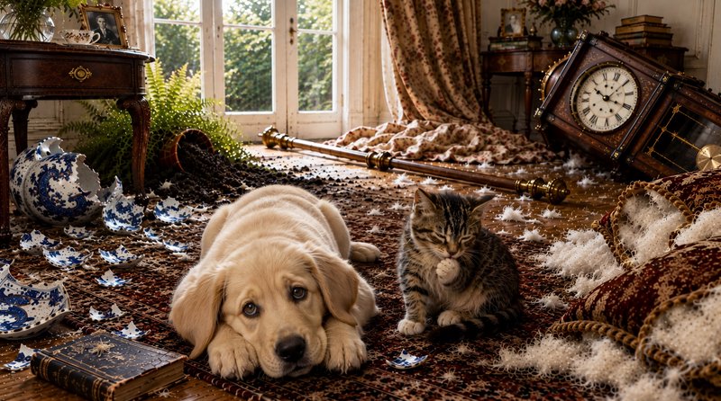 Guilty golden retriever puppy and tabby cat sit amid chaotic wreckage of a messy sunlit vintage l...