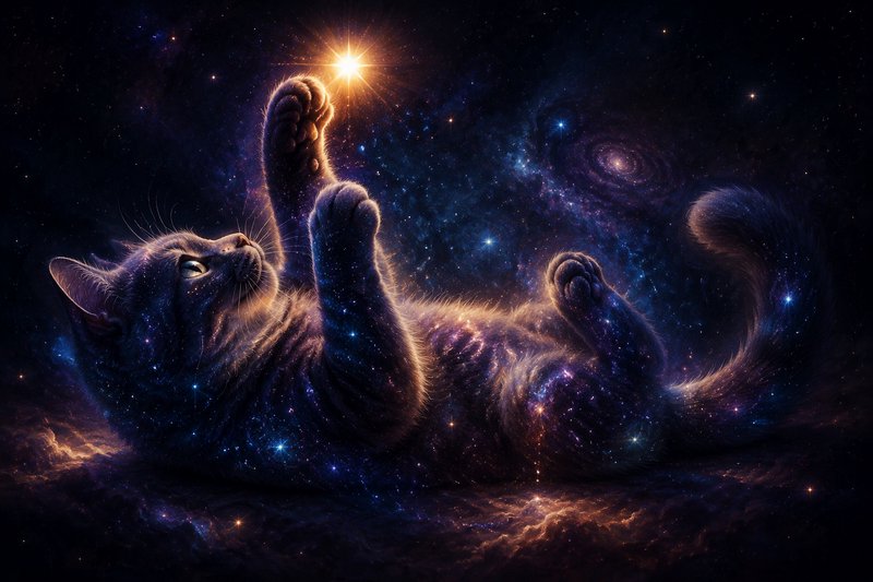 Surreal cosmic cat with nebula-patterned fur playfully reaches for a glowing star while floating ...