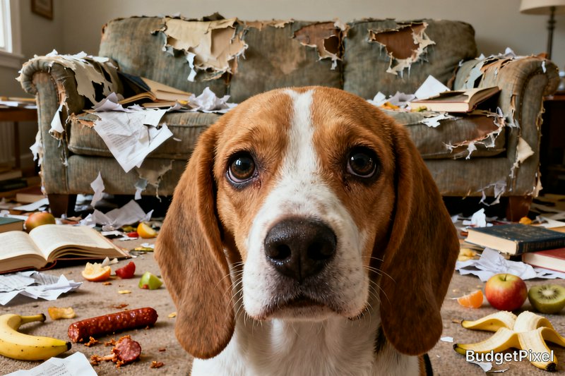 Guilty wide-eyed beagle stares directly at the camera in front of a heavily destroyed messy livin...