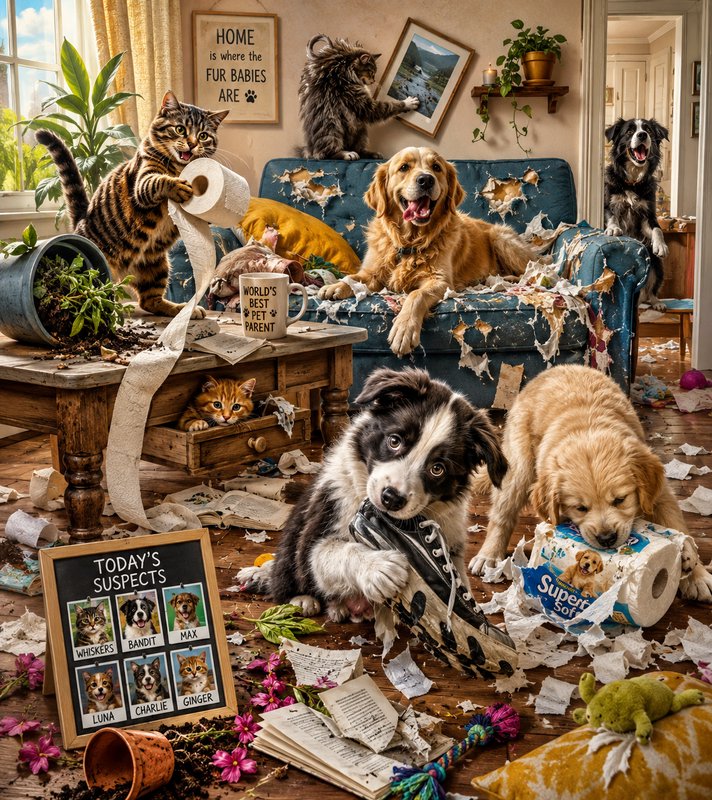 Humorous chaotic scene of naughty cats and dogs causing messy destruction in a cozy living room, ...