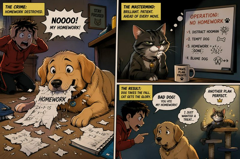 3-panel humorous comic of a sneaky tabby cat framing a golden retriever for destroying a teen stu...