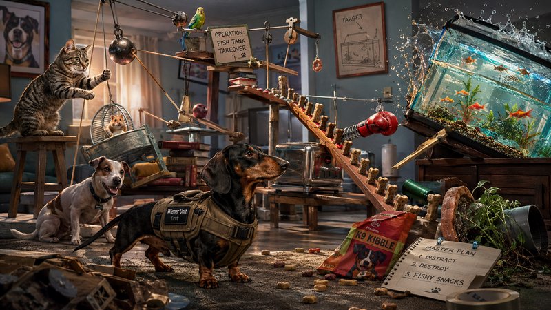 Whimsical Rube Goldberg contraption operated by household pets executing a silly fish tank heist ...