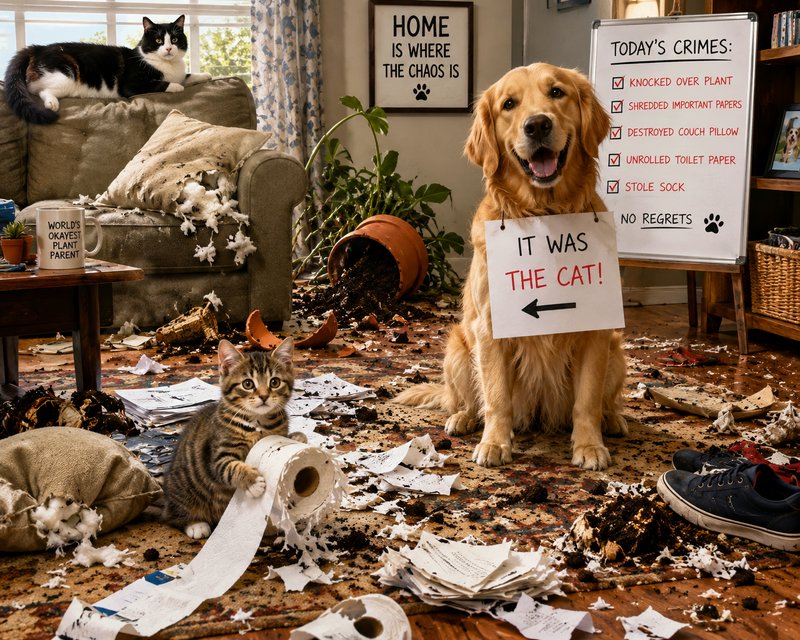 Grinning golden retriever holds "It was the cat!" sign in a chaotic messy living room full of pet...