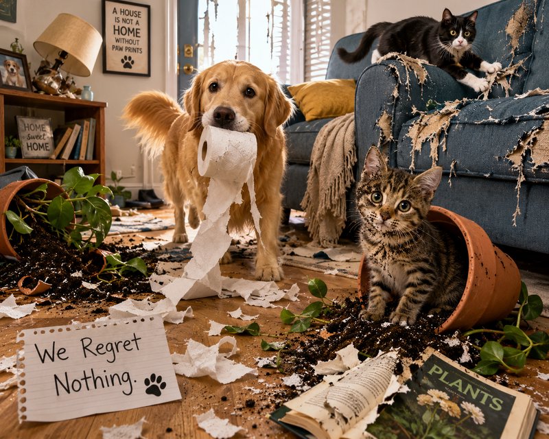 Golden retriever holding toilet paper stands with mischievous cats amid a chaotic, pet-destroyed ...