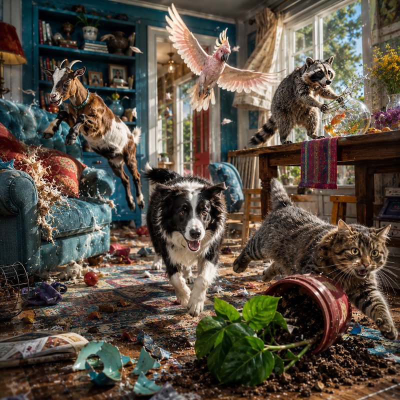 Playful group of pets and wild animals creating chaotic messy havoc inside a sunlit cozy home liv...