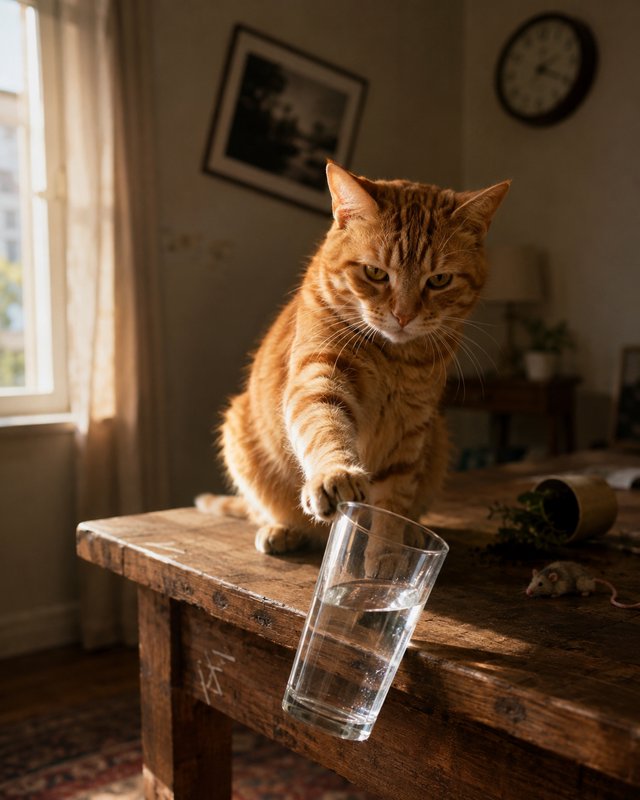 Orange tabby cat perched on a wooden table, knocking over a half-full glass of water with its paw...
