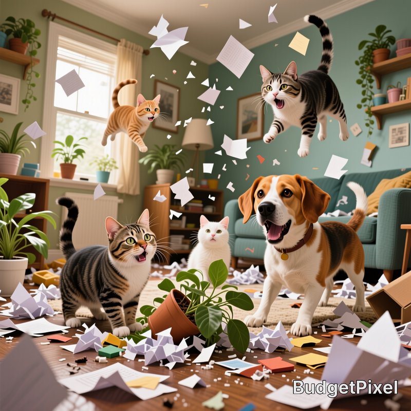 Playful chaotic living room scene with jumping cats, happy beagle, flying paper, and a messy scat...
