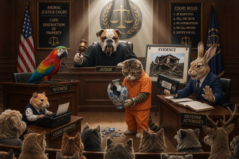 Whimsical anthropomorphic animal courtroom with bulldog judge, cat defendant, and animal court st...