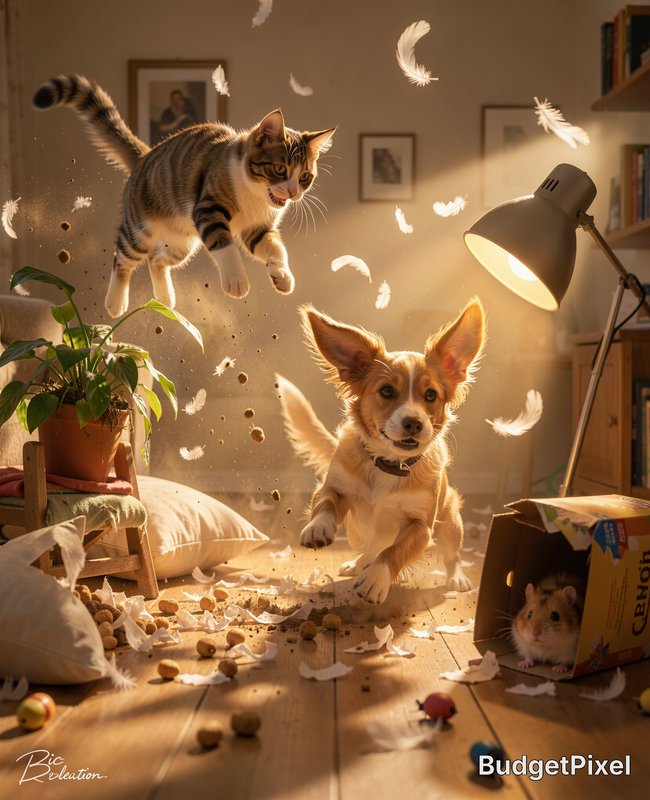 Mid-leap tabby cat and playful corgi puppy cause a cozy living room mess, while a hamster peeks f...