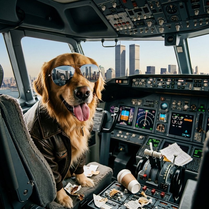Golden retriever in pilot jacket and aviator sunglasses sits in an airplane cockpit, NYC Twin Tow...