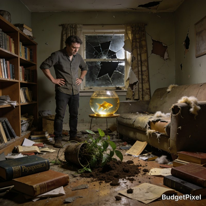 Frustrated man stands in a wrecked cluttered living room staring at an intact glowing goldfish bo...