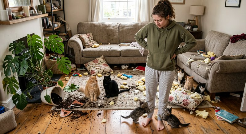 Frustrated young woman stands in a wrecked living room surrounded by guilty, mischievous cats tha...