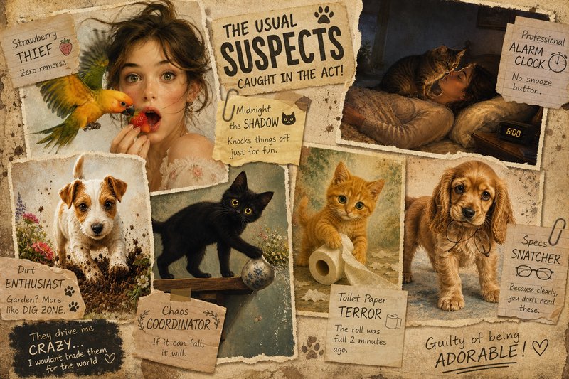 [Humorous vintage scrapbook collage titled The Usual Suspects featuring mischievous pets caught in silly household antics ...