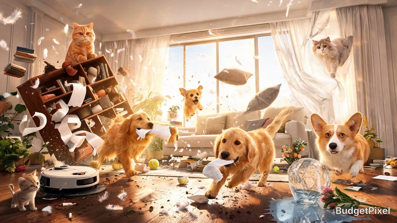 Hilarious chaotic scene of playful dogs and cats creating a silly messy ruckus in a sunlit reside...